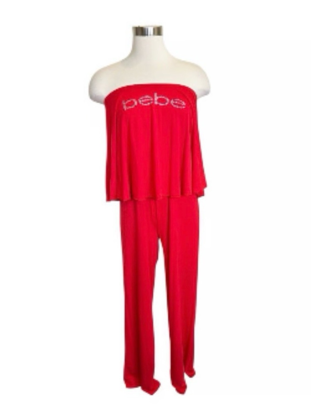 Vintage bebe Red Strapless Rhinestone Logo Jumpsuit NWT